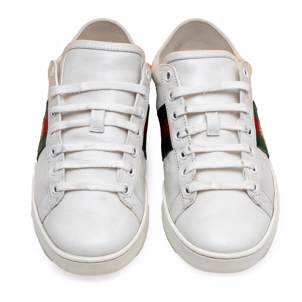 Gucci White Leather Low-Top Sneakers with Green and Red Web and Gold Bee - Picture 6 of 15